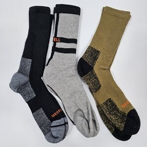NWOT Merrell Mens Black Gray Brown Socks Cushioned Crew Size M-L 3 Pairs